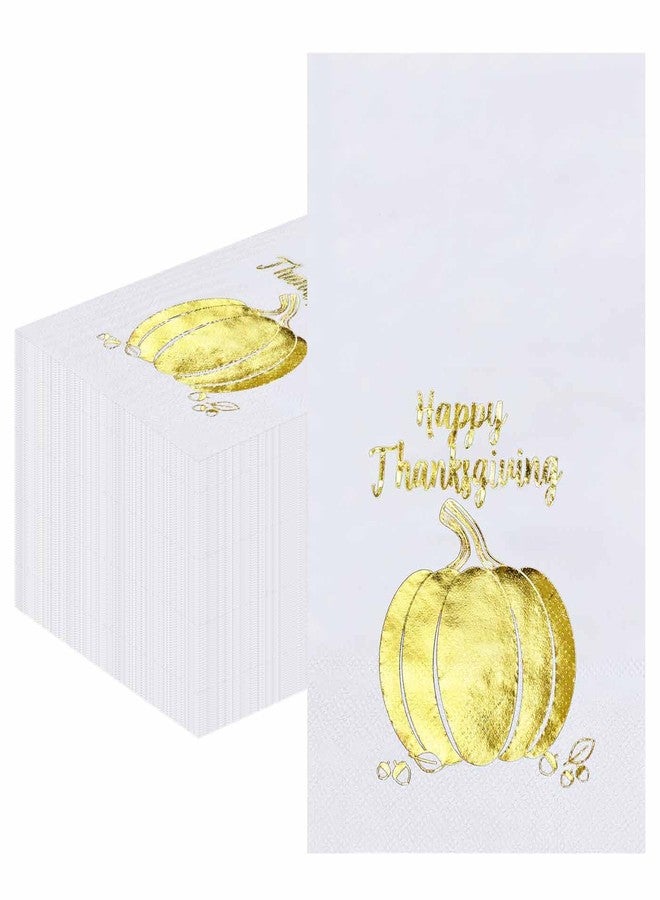 HEIPINIUYE 25 Pieces Happy Thanksgiving Paper Napkins with Gold Foil 3-ply White and Gold Pumpkin Guest Towels Disposable Hand Towels for Bathroom Birthday Fall Thanksgiving Party Dinner Napkins - Image 1
